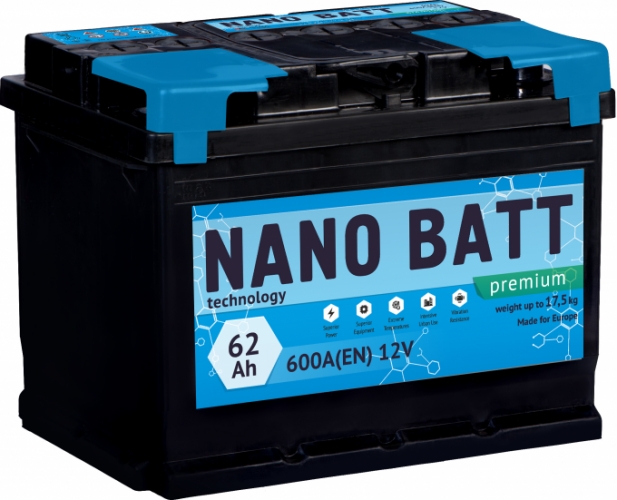 Аккумулятор NANO BATT  Premium - 62 +левый (600 пуск)2020!!!