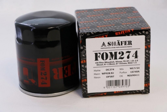 Фильтр масляный SHAFER FOM274 Mitsubish, Nissan 70-07, 1.8-2.0 Diesel, H=128mm, D=102mm, M26*1.5